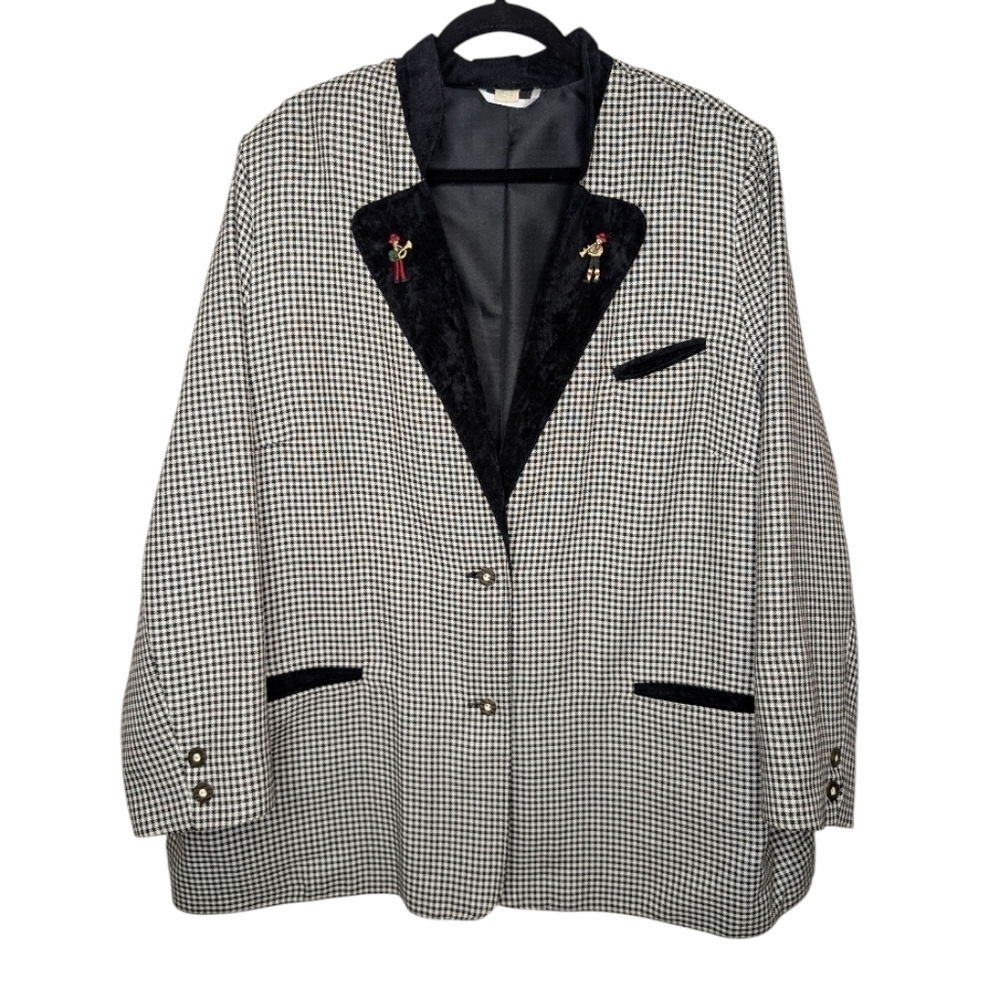 Vintage Black & White Houndstooth Blazer Jacket 2XL/3XL Women's Embroidered